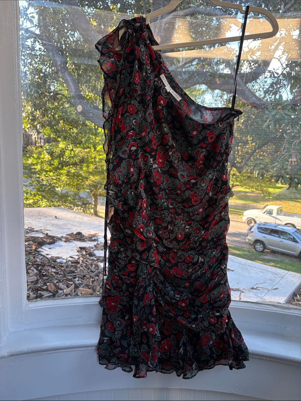 Veronica Beard Black One-Shoulder Floral Ruffle Dress with Red Blooms-Size 6